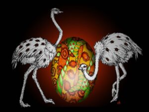 two birds assessing an egg by ursula aavasalu tigukass